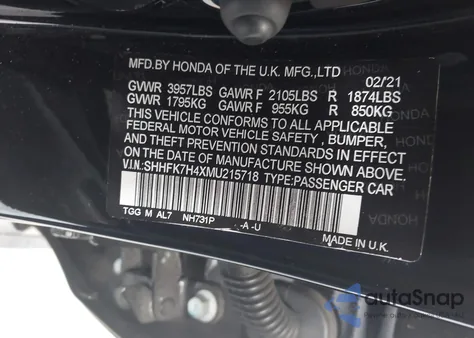2021 Honda Civic Sport from USA, damaged, VIN SHHFK7H4XMU215718